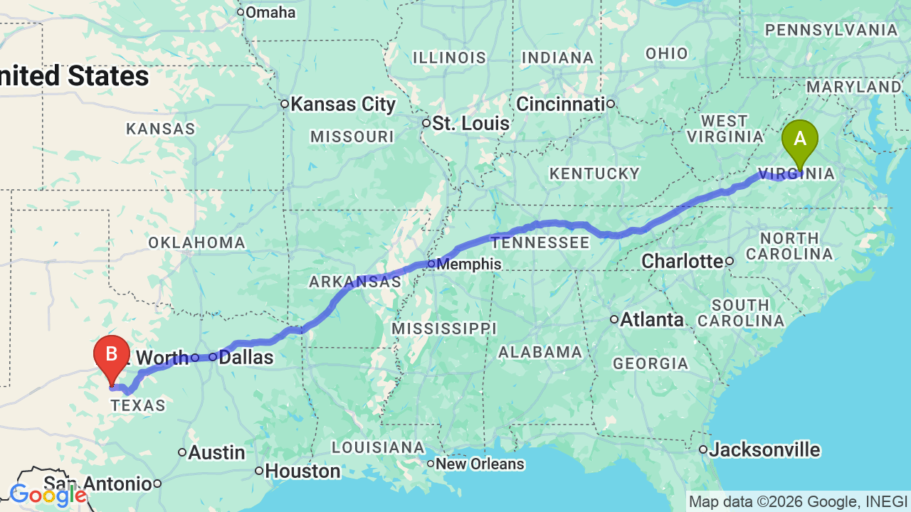 Route map: Virginia to Texas Car Shipping: Complete Military Relocation Guide