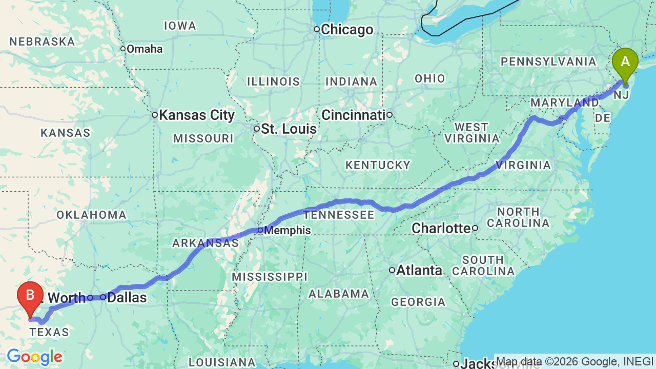 Route map: New Jersey to Texas Car Shipping | Reliable Relocation Transport