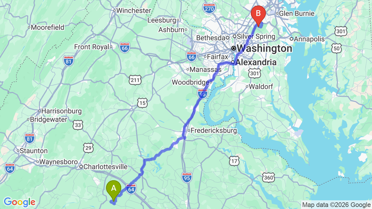 Route map: Virginia to Maryland Car Shipping