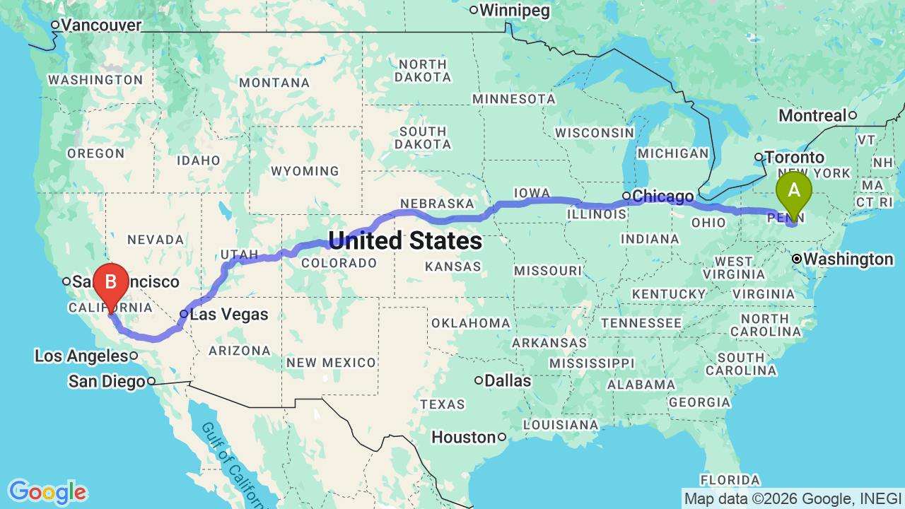 Route map: Pennsylvania to California Car Shipping: The Complete Relocation Guide