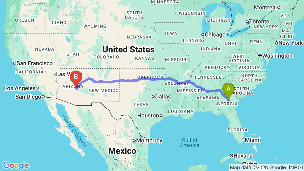 Route map: Georgia to Arizona Car Shipping: Reliable PCS Vehicle Transport