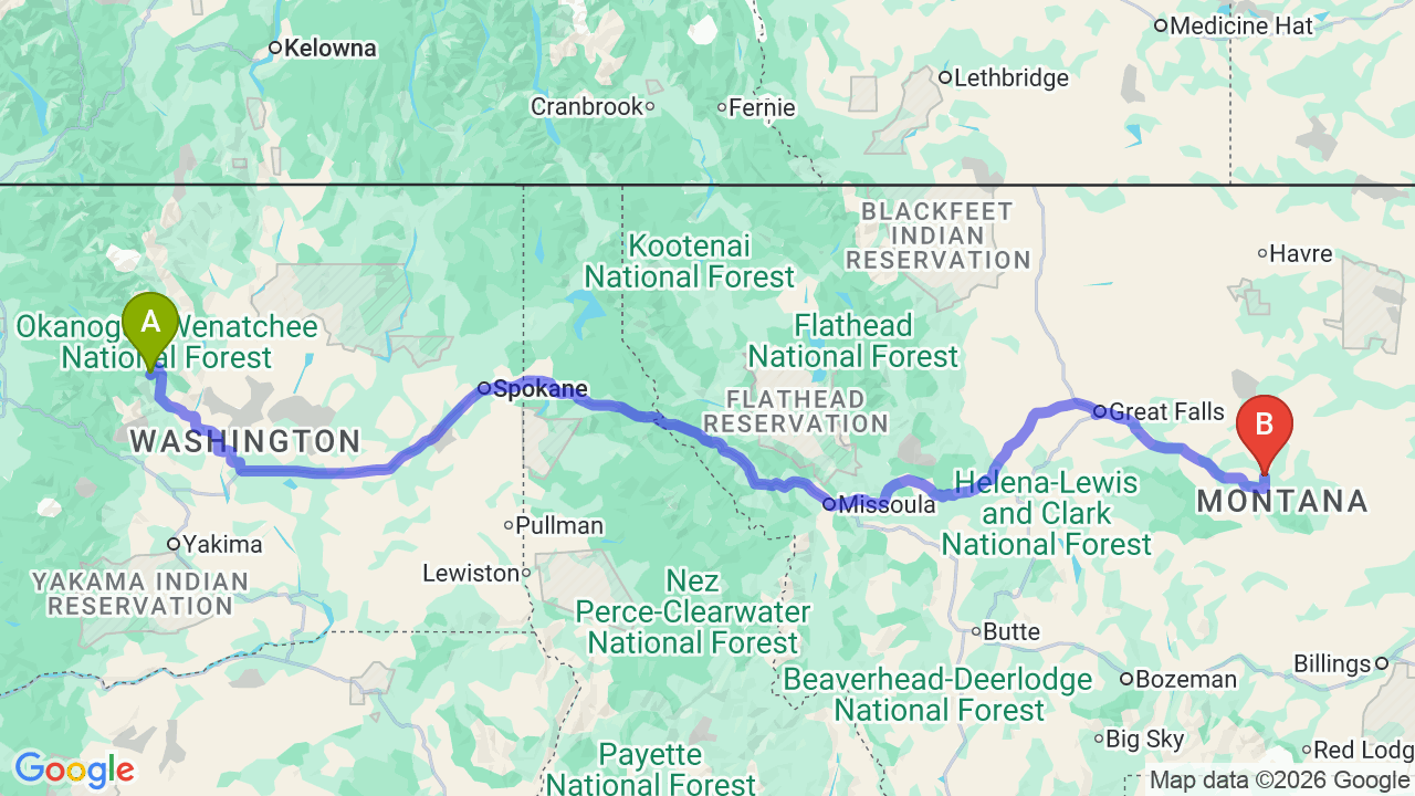 Route map: Washington to Montana Car Shipping: The Complete Relocator’s Guide