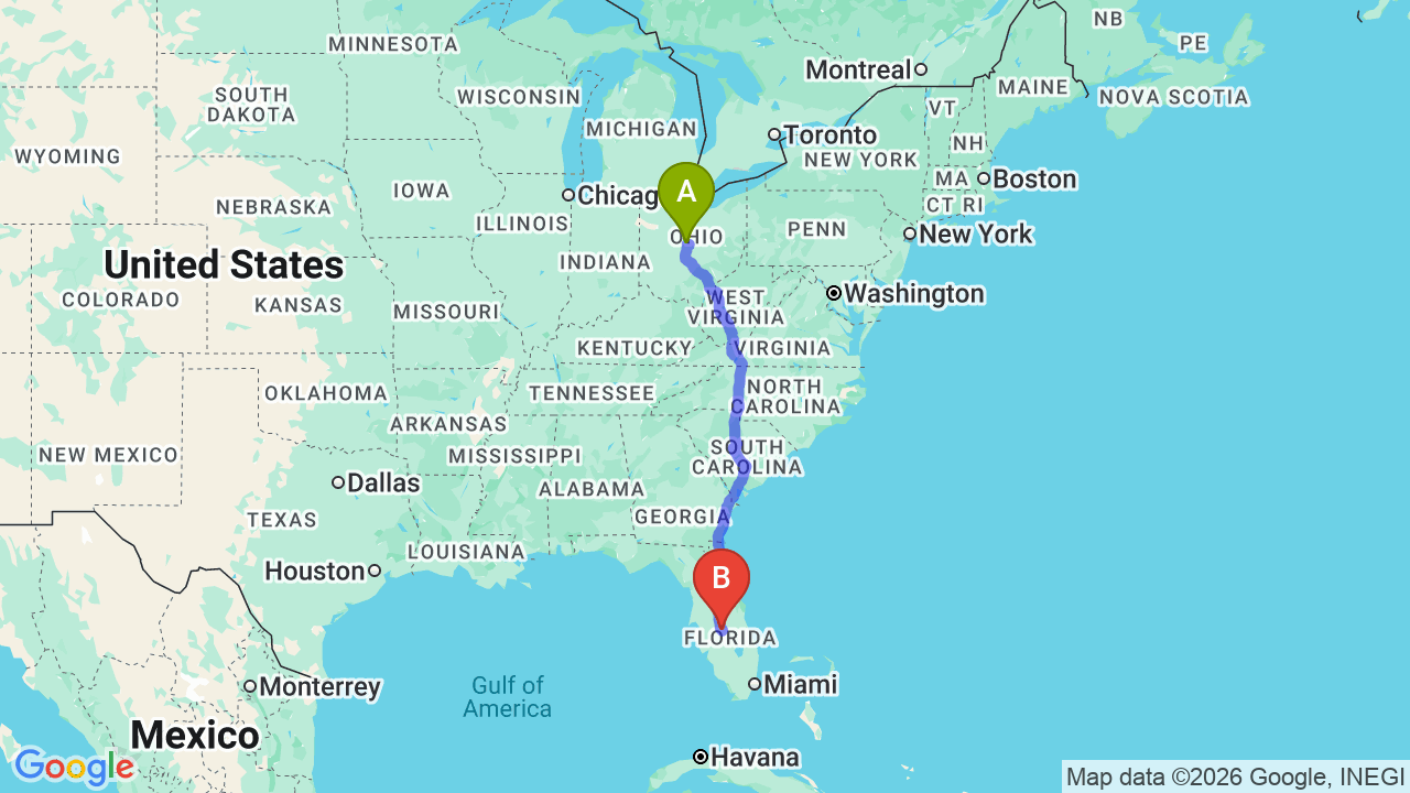 Route map: Ohio to Florida Car Shipping: Your Trusted Seasonal Connection