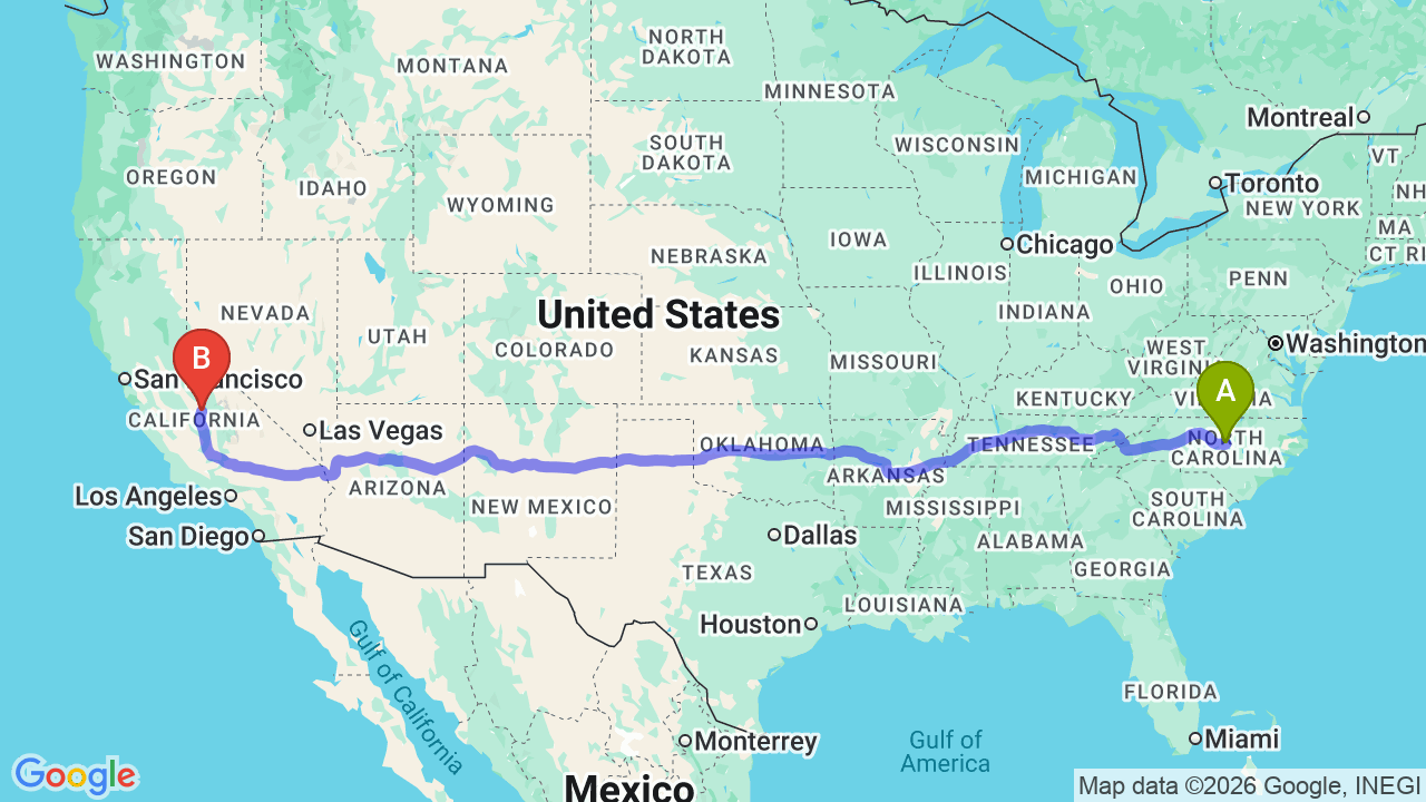 Route map: North Carolina to California Car Shipping: Your Complete Relocation Guide