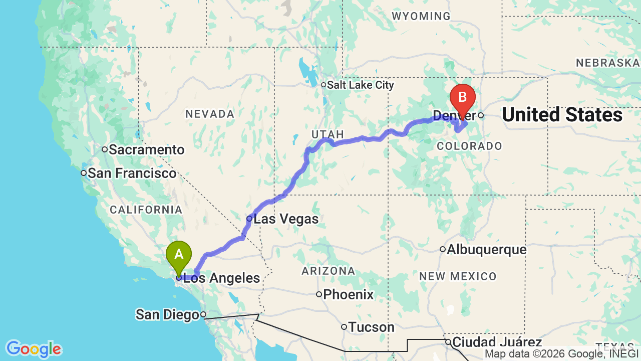 Route map: Los Angeles to Colorado Car Shipping: The Complete Relocation Guide