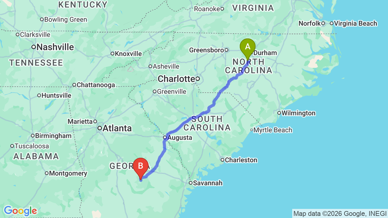 Route map: North Carolina to Georgia Car Shipping: The Complete Relocation Guide