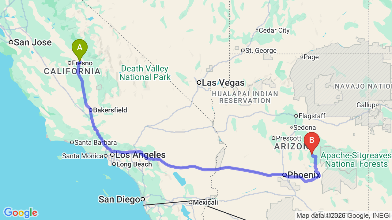 Route map: California to Arizona Car Shipping: The Complete Relocation Guide