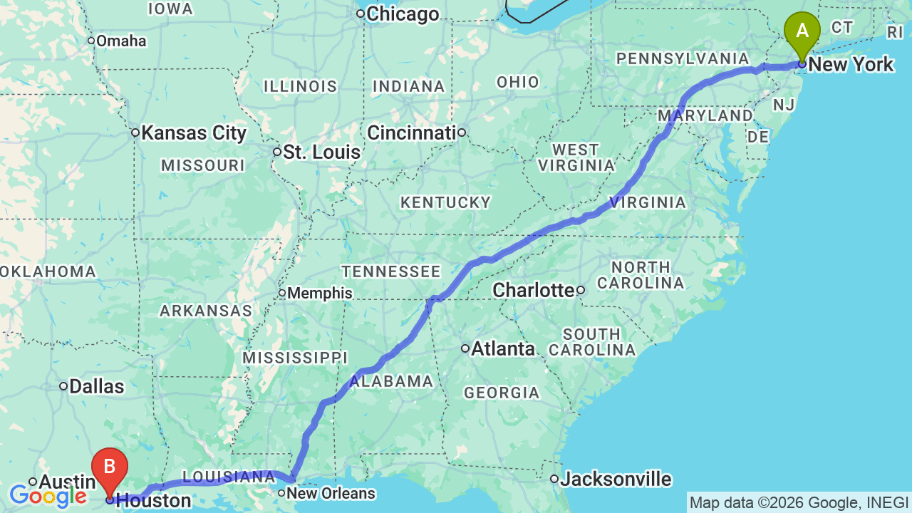 Route map: New York City to Houston Car Shipping: The Professional Relocation Guide