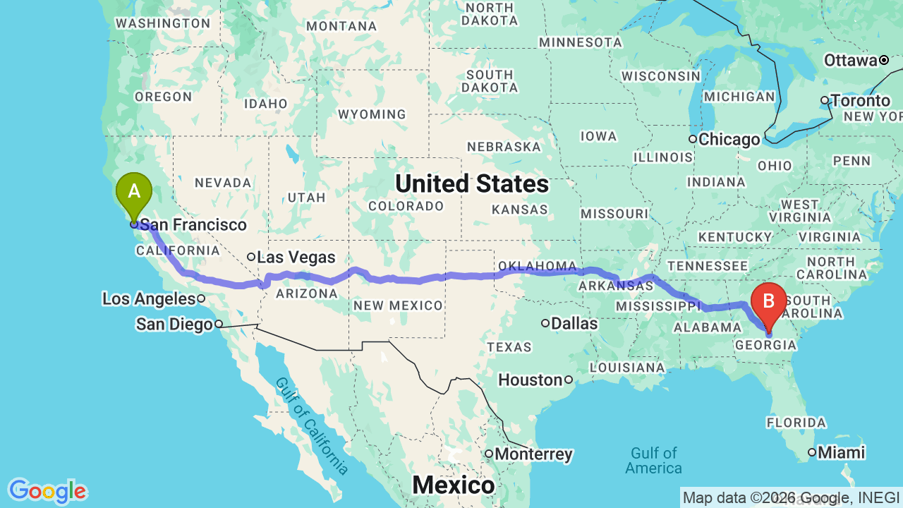 Route map: San Francisco to Georgia Car Shipping | Stress-Free Relocation