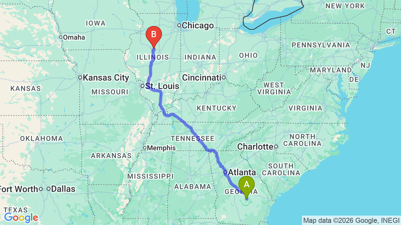 Route map: Georgia to Illinois Car Shipping