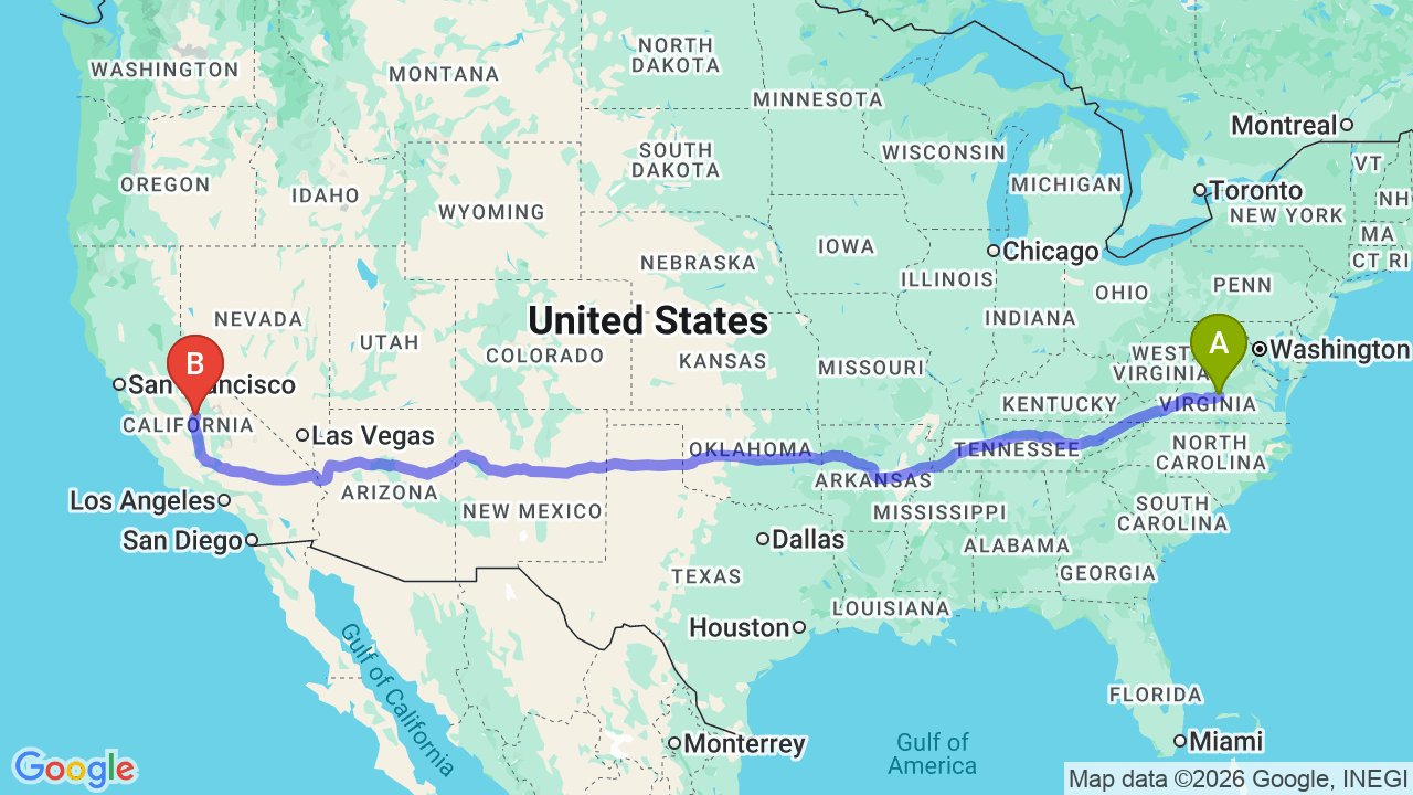 Route map: Virginia to California Car Shipping for Military PCS