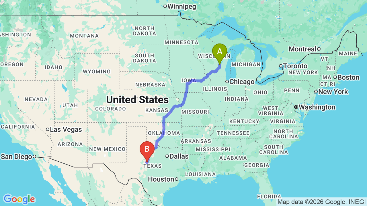 Route map: Wisconsin to Texas Car Shipping: The Complete Relocation Guide