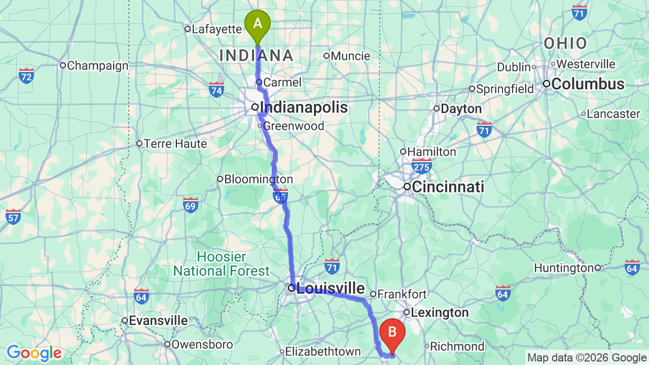 Route map: Indiana to Kentucky Car Shipping: The Relocator’s Guide