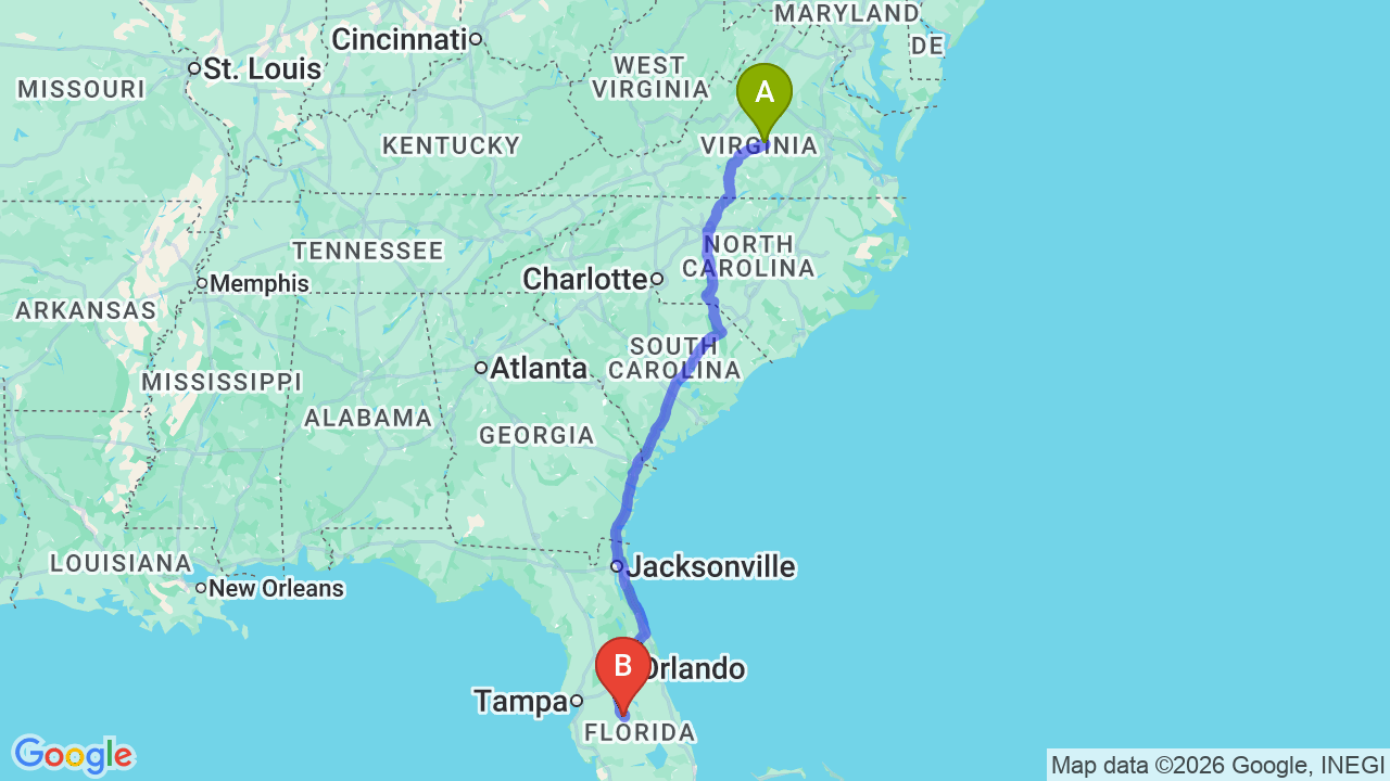 Route map: Virginia to Florida Car Shipping: Your Stress-Free Relocation Guide