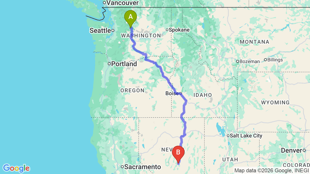 Route map: Washington to Nevada Car Shipping