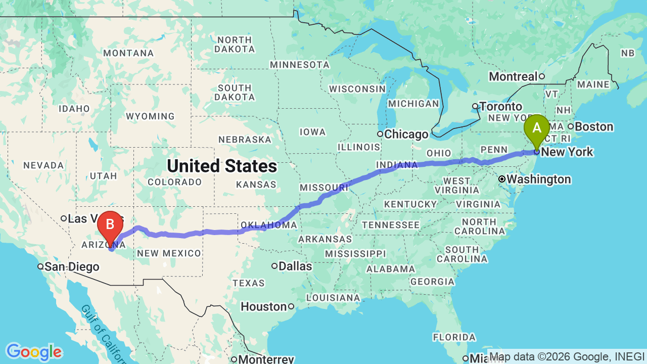 Route map: New York to Arizona Car Shipping: Snowbird’s Guide
