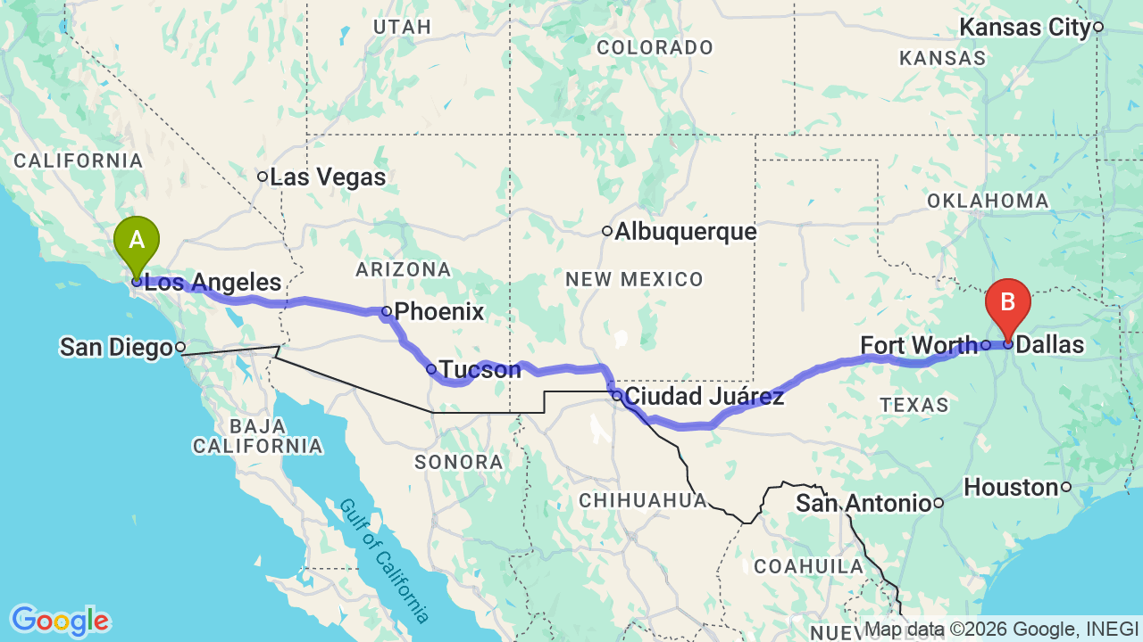 Route map: Los Angeles to Dallas Car Shipping | Professional Relocation Guide
