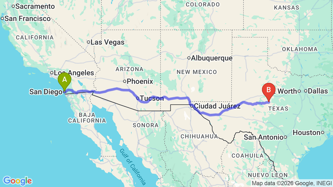 Route map: San Diego to Texas Car Shipping: Your Complete Guide to a Stress-Free Move