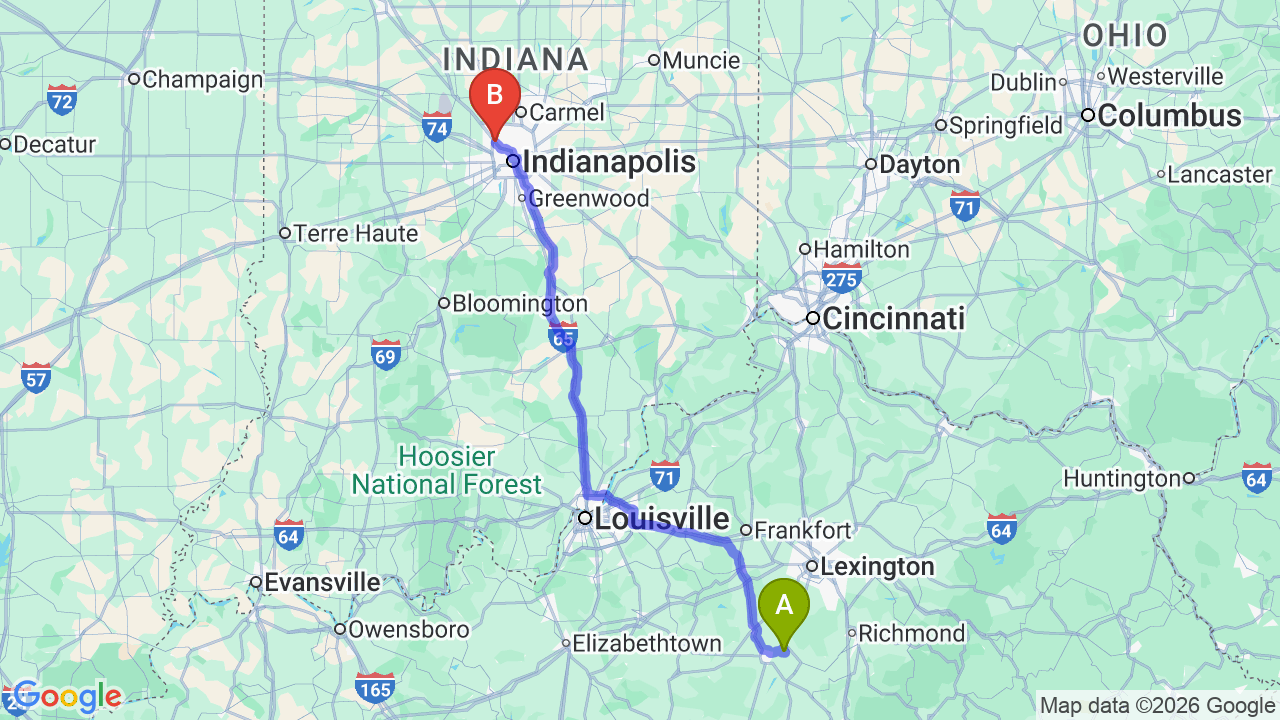 Route map: Kentucky to Indiana Car Shipping: The Complete Relocation Guide