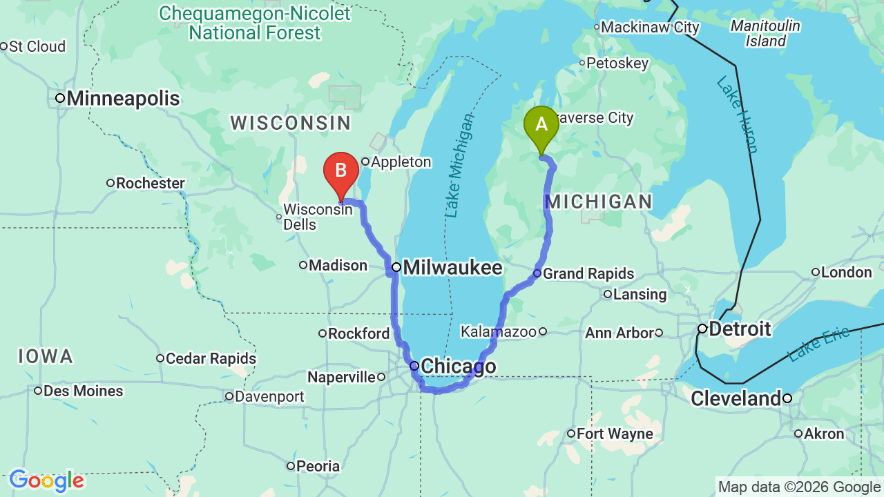 Route map: Michigan to Wisconsin Car Shipping | Relocation Guide & Quotes