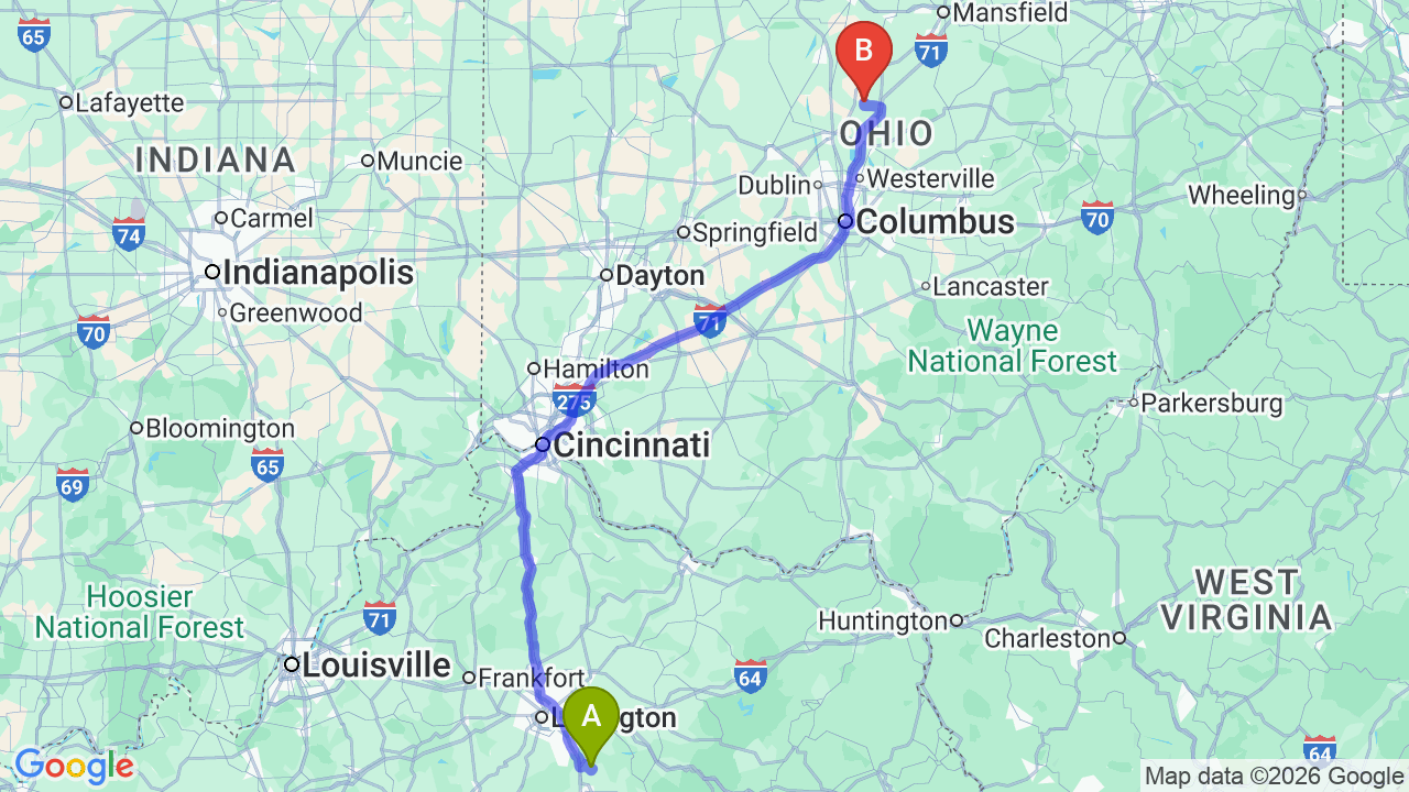 Route map: Kentucky to Ohio Car Shipping | Reliable Auto Transport
