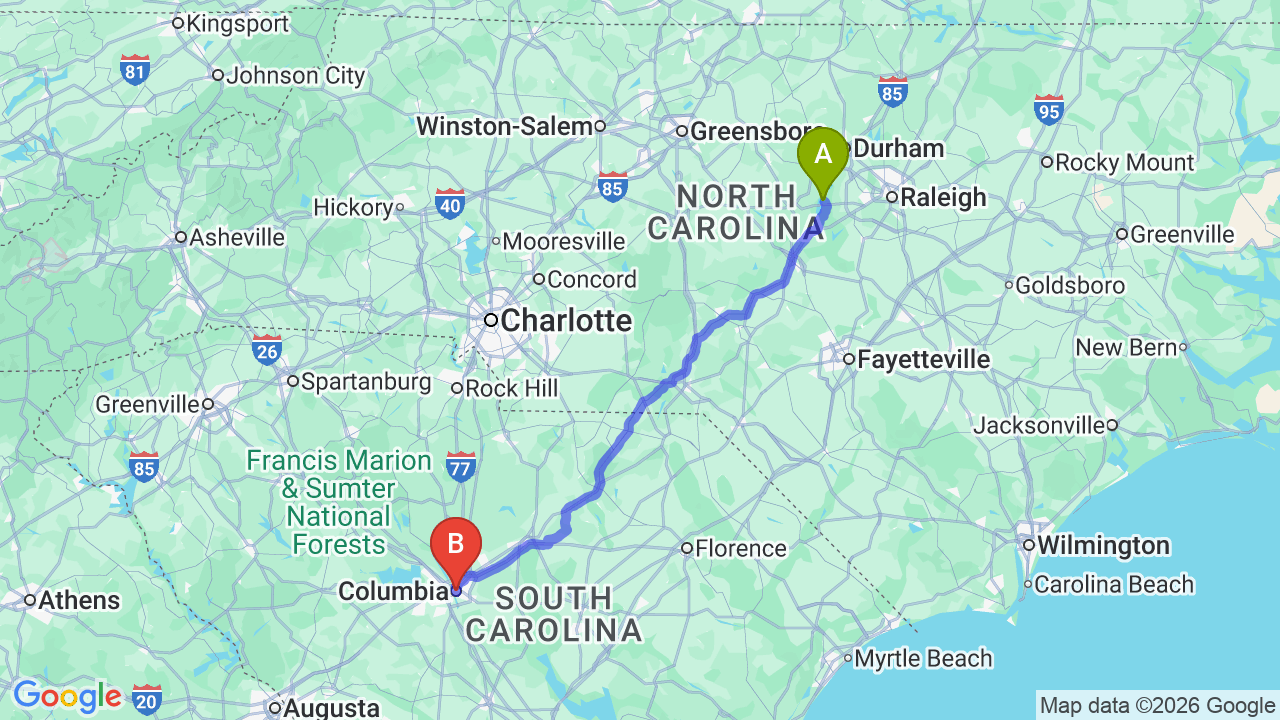 Route map: North Carolina to South Carolina Car Shipping: The Complete Relocation Guide
