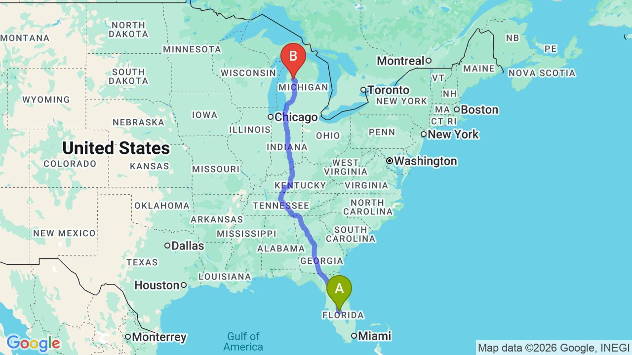Route map: Florida to Michigan Car Shipping: The Ultimate Snowbird Guide