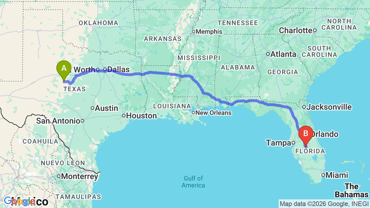 Route map: Texas to Florida Car Shipping: Reliable Relocation & Transport Guide