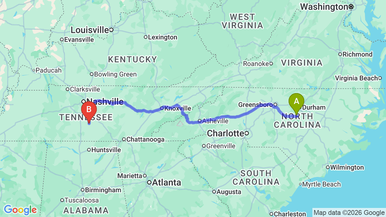 Route map: Seamless North Carolina to Tennessee Car Shipping for Your Big Move