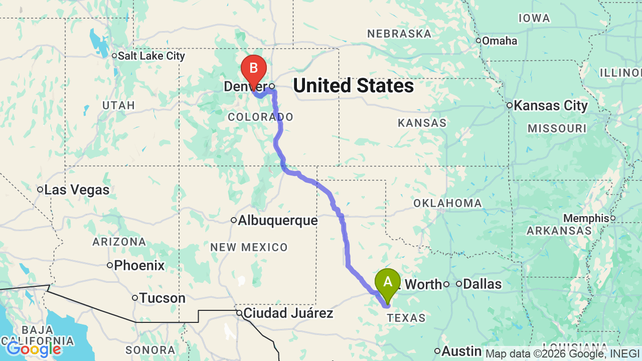 Route map: Texas to Colorado Car Shipping: Expert Relocation Guide