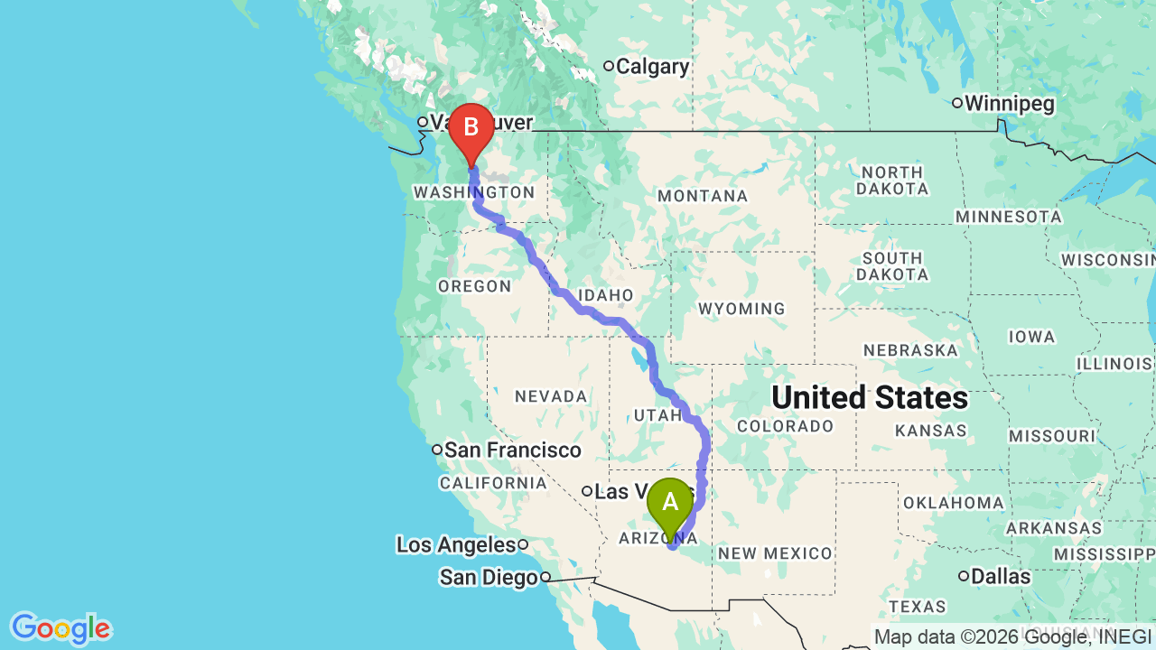 Route map: Phoenix to Washington Car Shipping: Desert-to-Pacific Relocation Guide