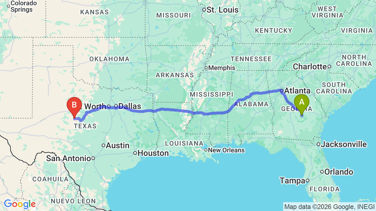Route map: Atlanta to Texas Car Shipping: The Relocator’s Complete Guide