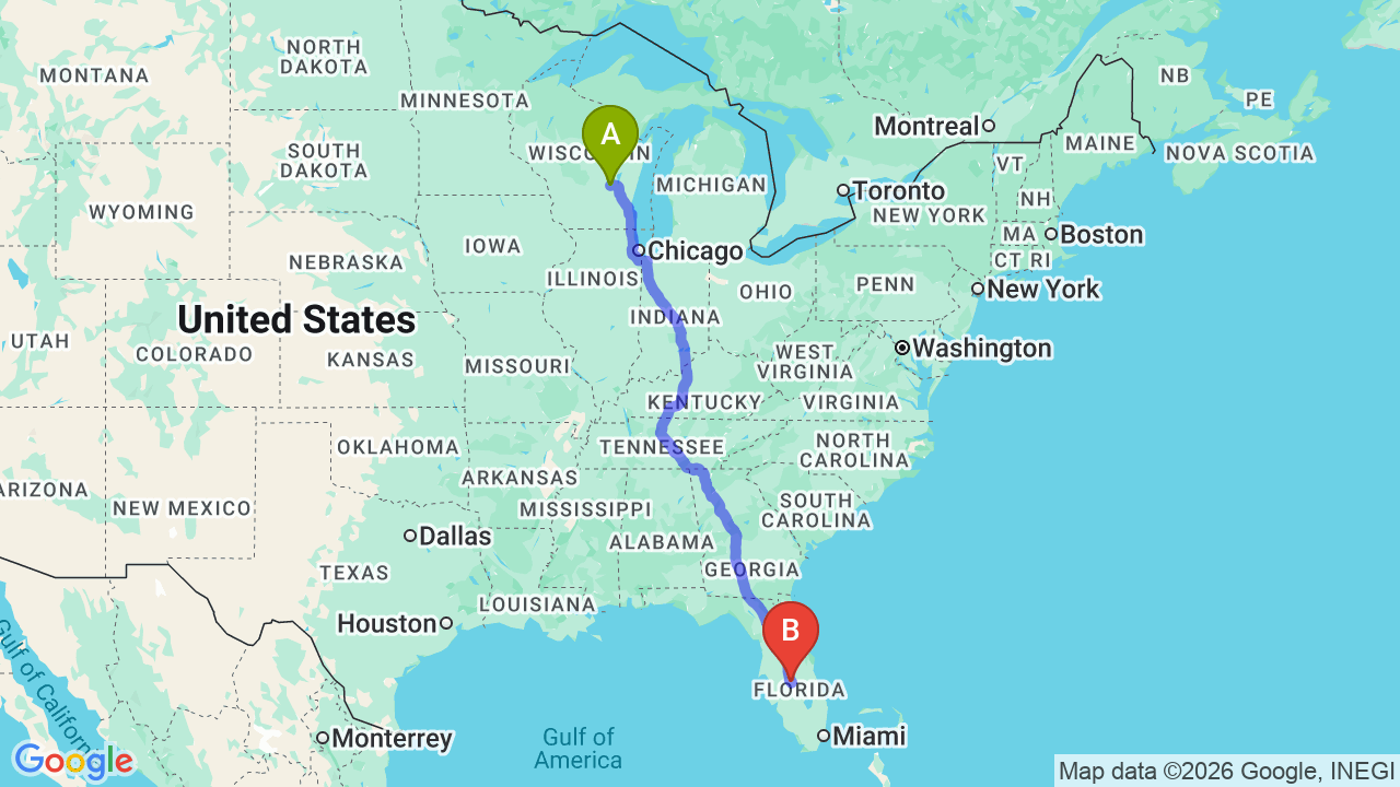 Route map: Wisconsin to Florida Car Shipping: The Ultimate Snowbird Migration Guide