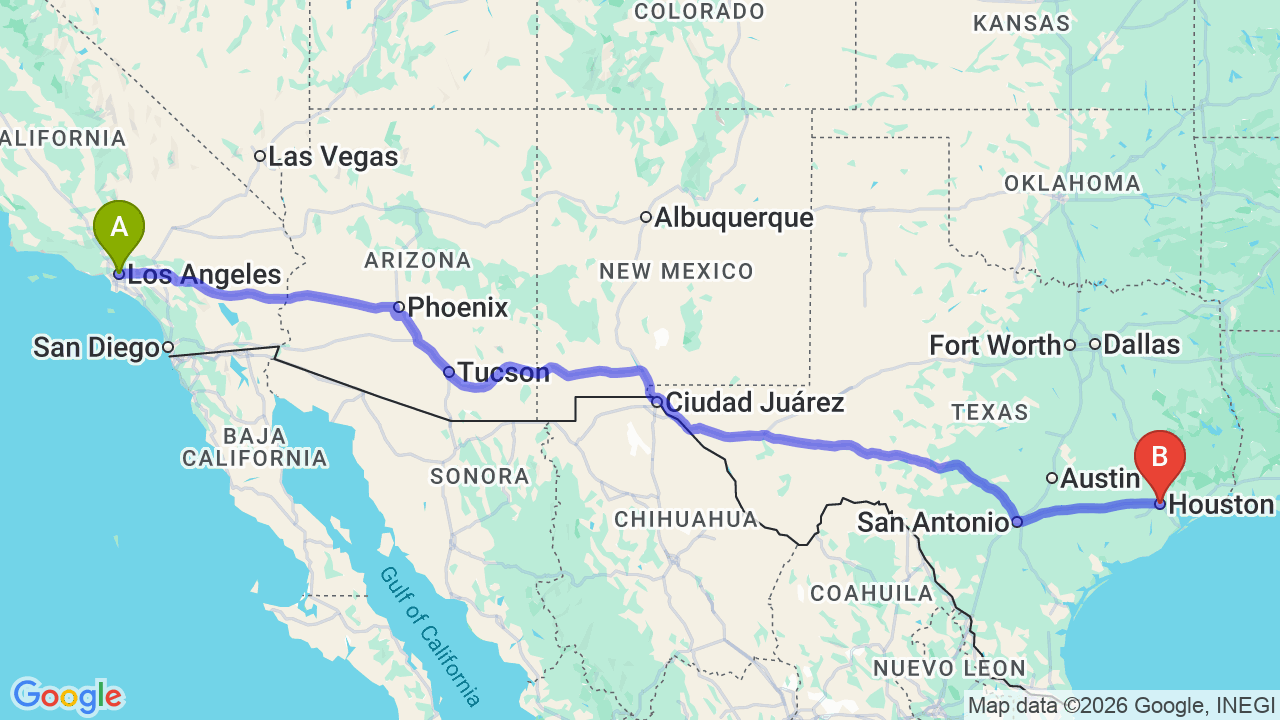 Route map: Los Angeles to Houston Car Shipping | Reliable Texas Relocation Guide
