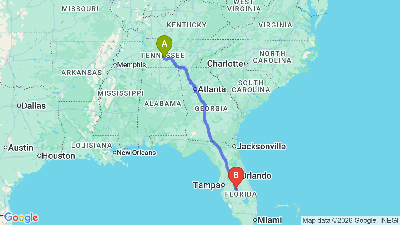 Route map: Tennessee to Florida Car Shipping: Reliable Relocation Guide