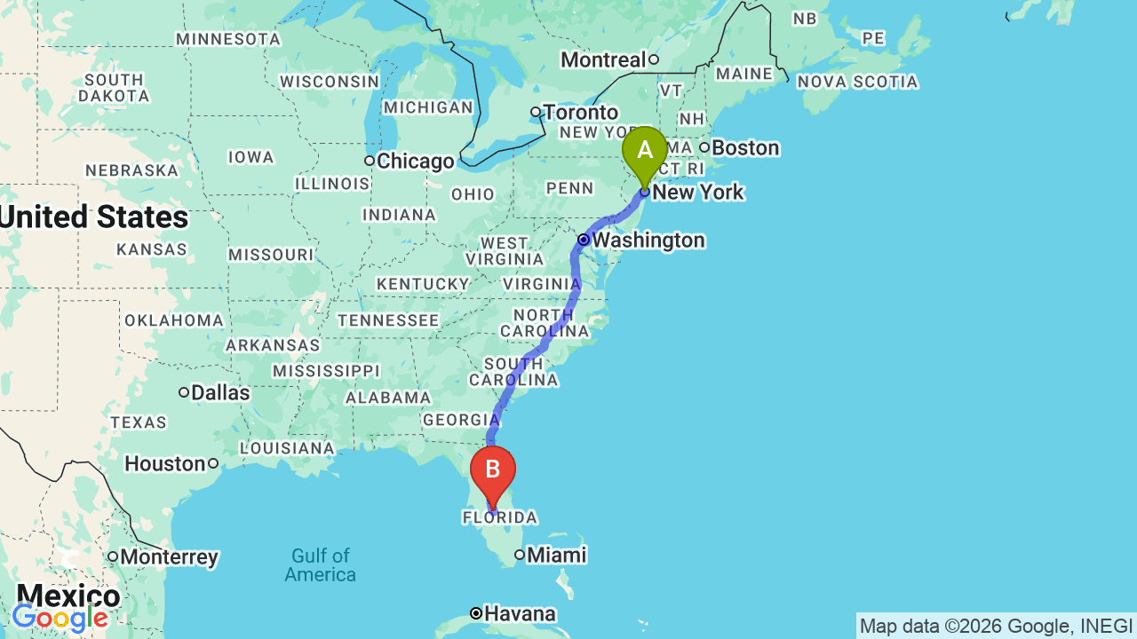 Route map: Seamless New York City to Miami Car Shipping for Snowbirds