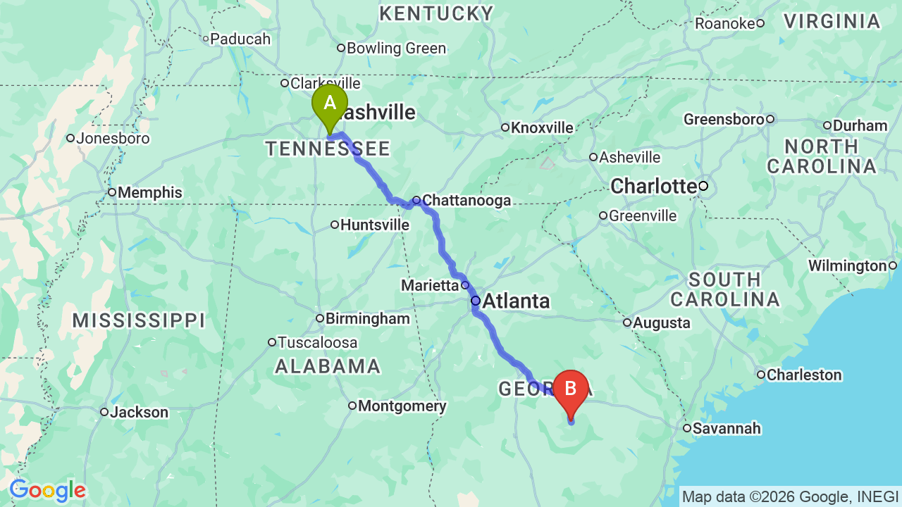 Route map: Tennessee to Georgia Car Shipping | Reliable Relocation Auto Transport