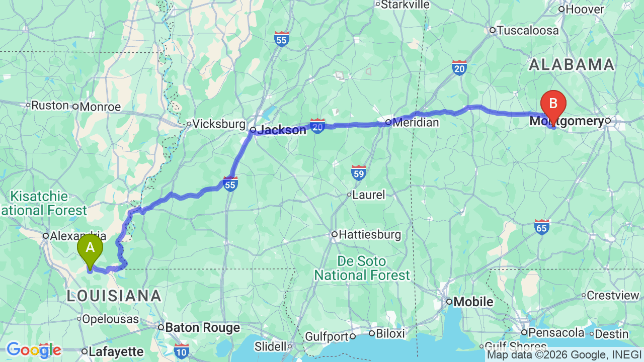 Route map: Louisiana to Alabama Car Shipping: Efficient Relocation Guide