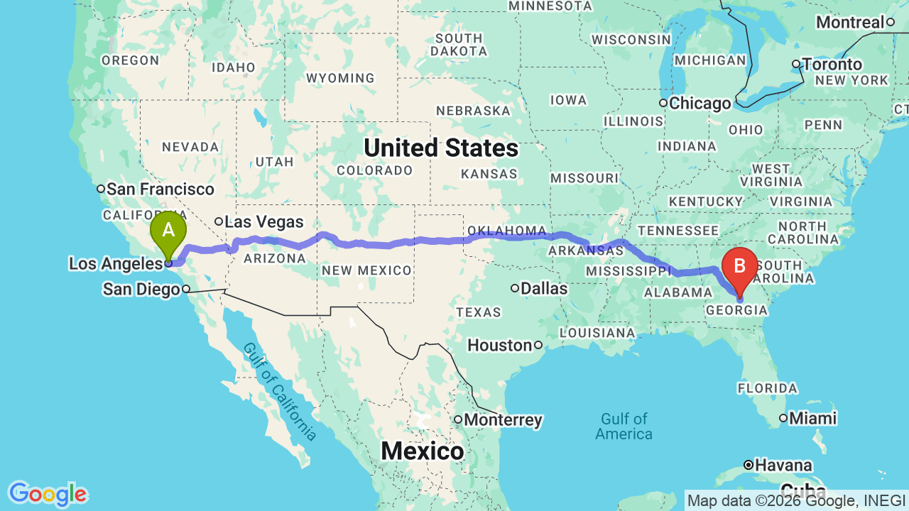 Route map: Los Angeles to Georgia Car Shipping: Coast-to-Coast Vehicle Transport