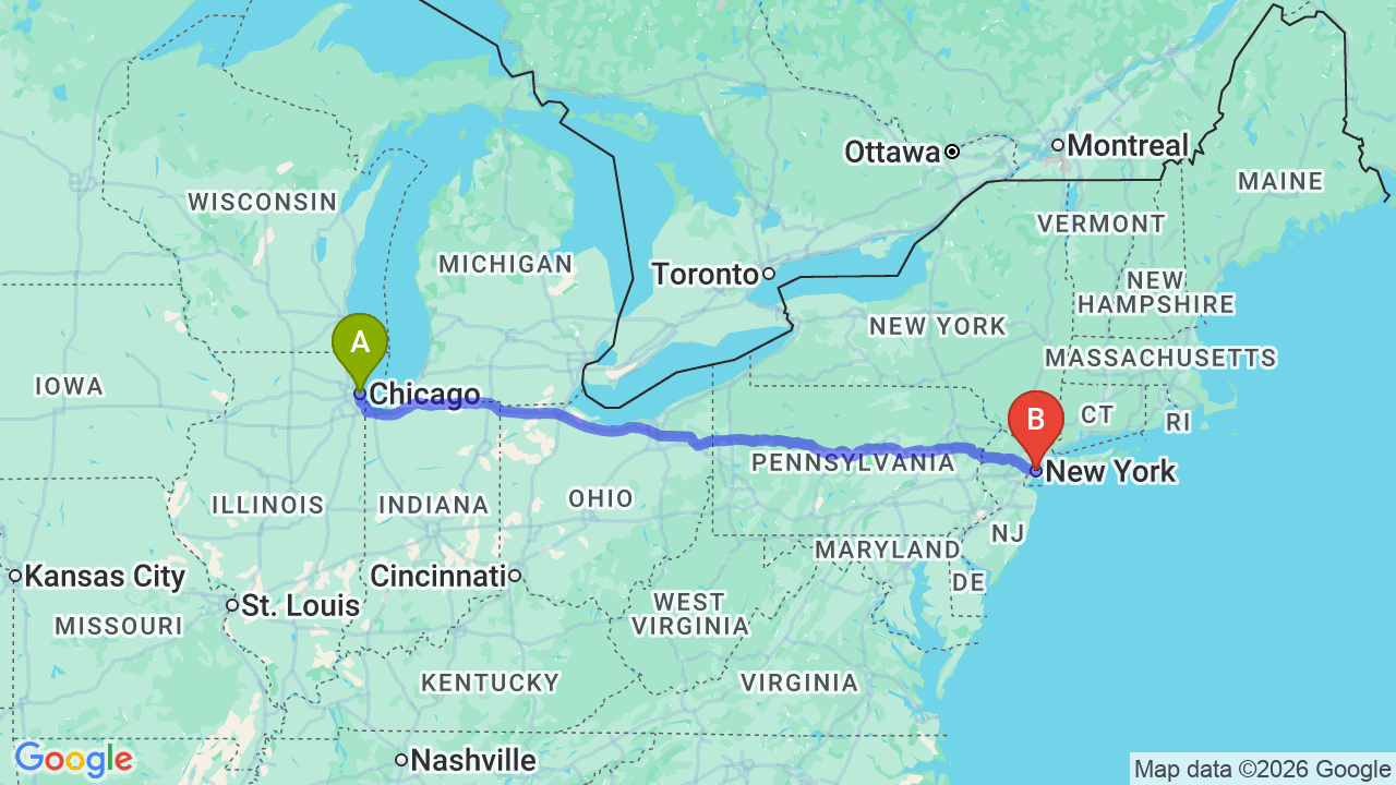 Route map: Chicago to New York City Car Shipping: Your Seamless Job Relocation Partner