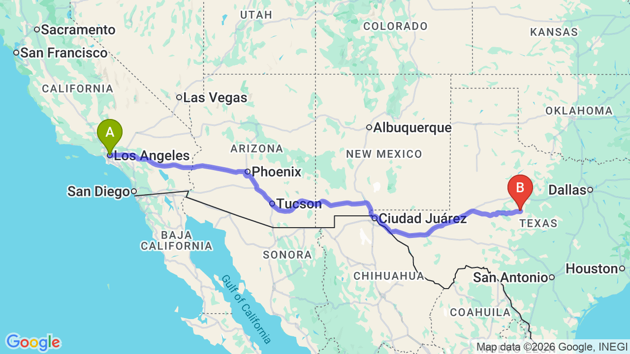 Route map: Los Angeles to Texas Car Shipping: The Complete Relocator’s Guide