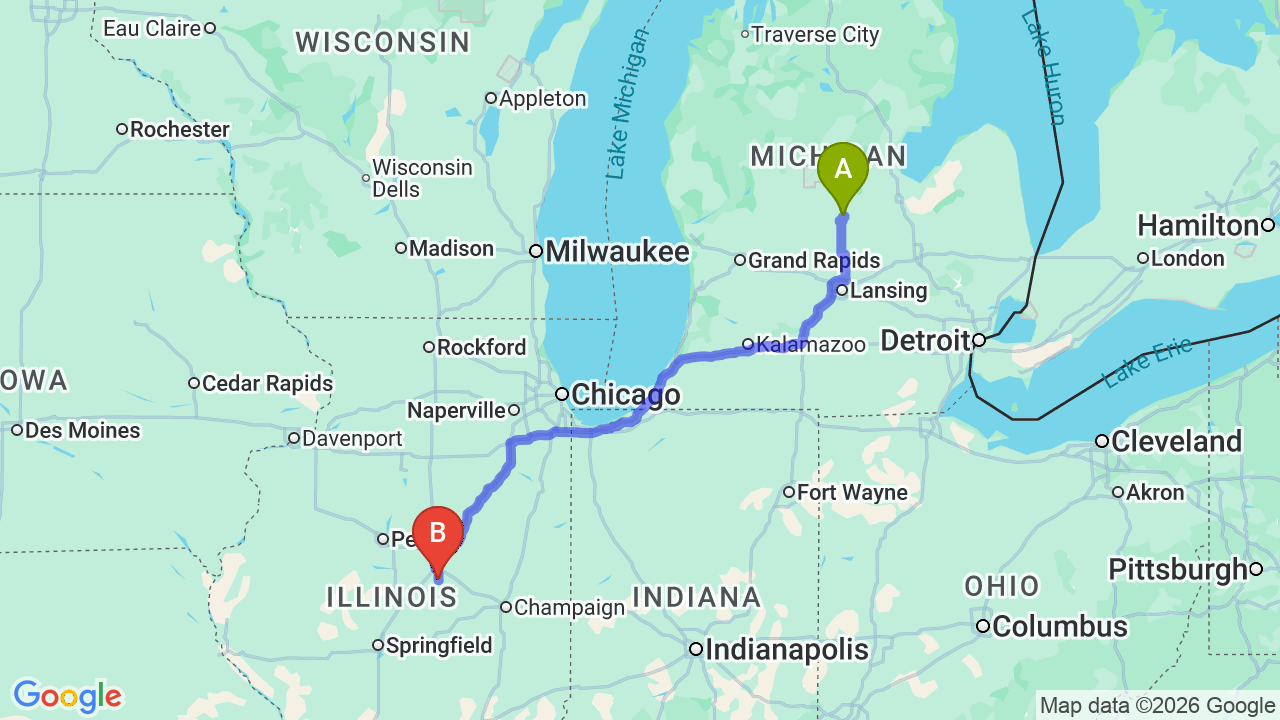 Route map: Michigan to Illinois Car Shipping: Reliable Relocation Transport