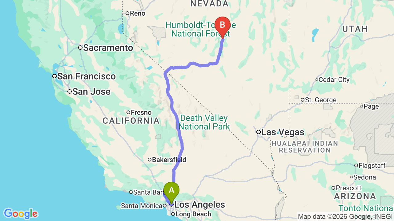 Route map: Los Angeles to Nevada Car Shipping