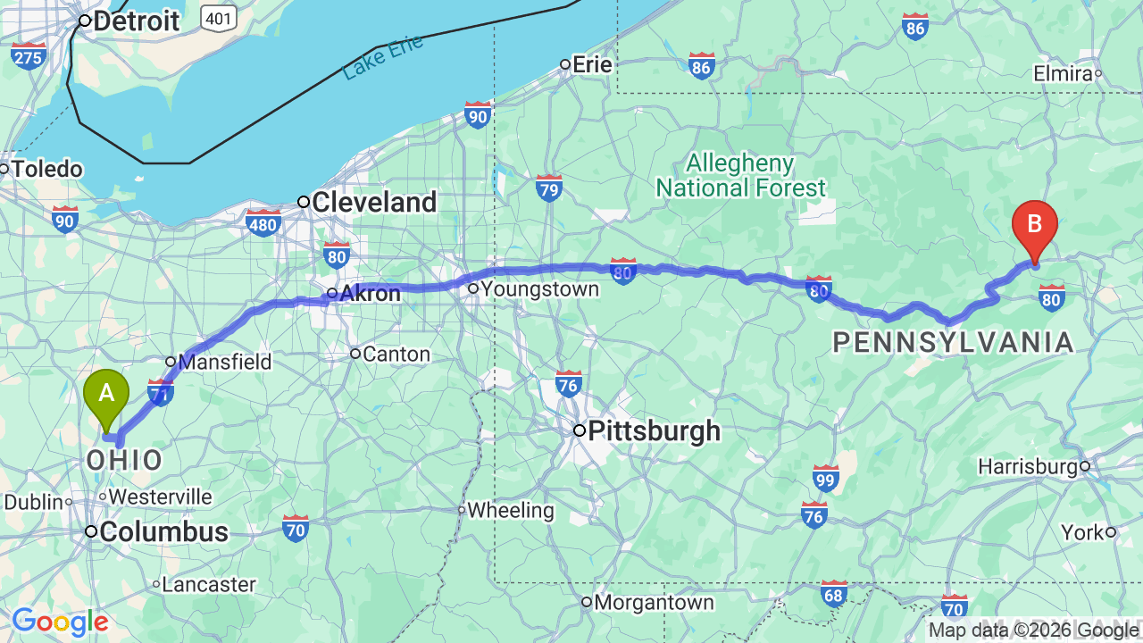 Route map: Ohio to Pennsylvania Car Shipping: Relocating Your Vehicle for a New Career