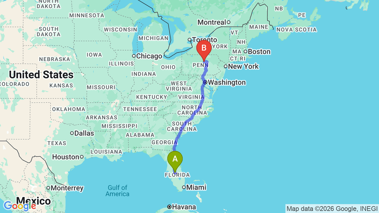 Route map: Florida to Pennsylvania Car Shipping | Snowbird Auto Transport