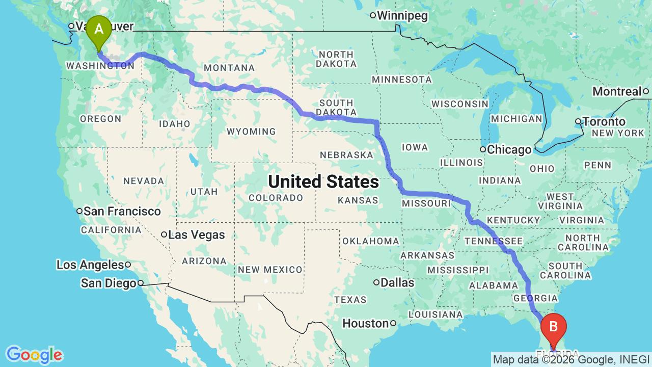 Route map: Washington to Florida Car Shipping: Reliable Snowbird Auto Transport