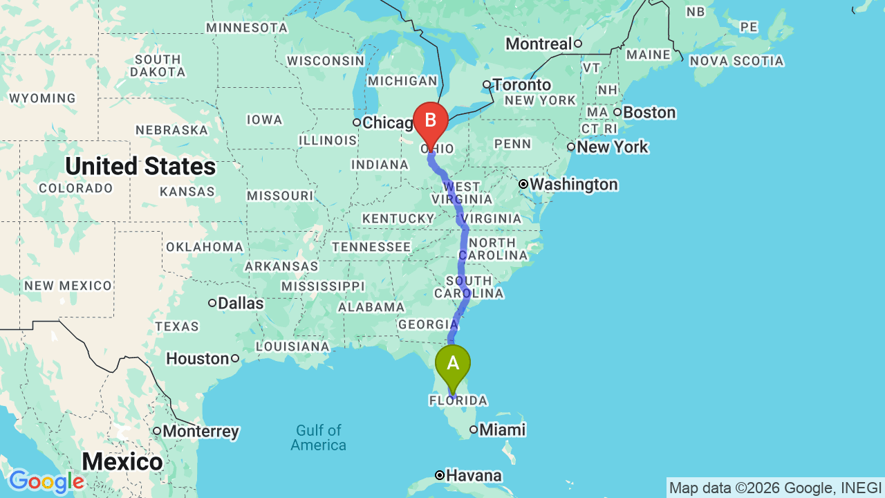 Route map: Florida to Ohio Car Shipping: Snowbird’s Guide & Costs