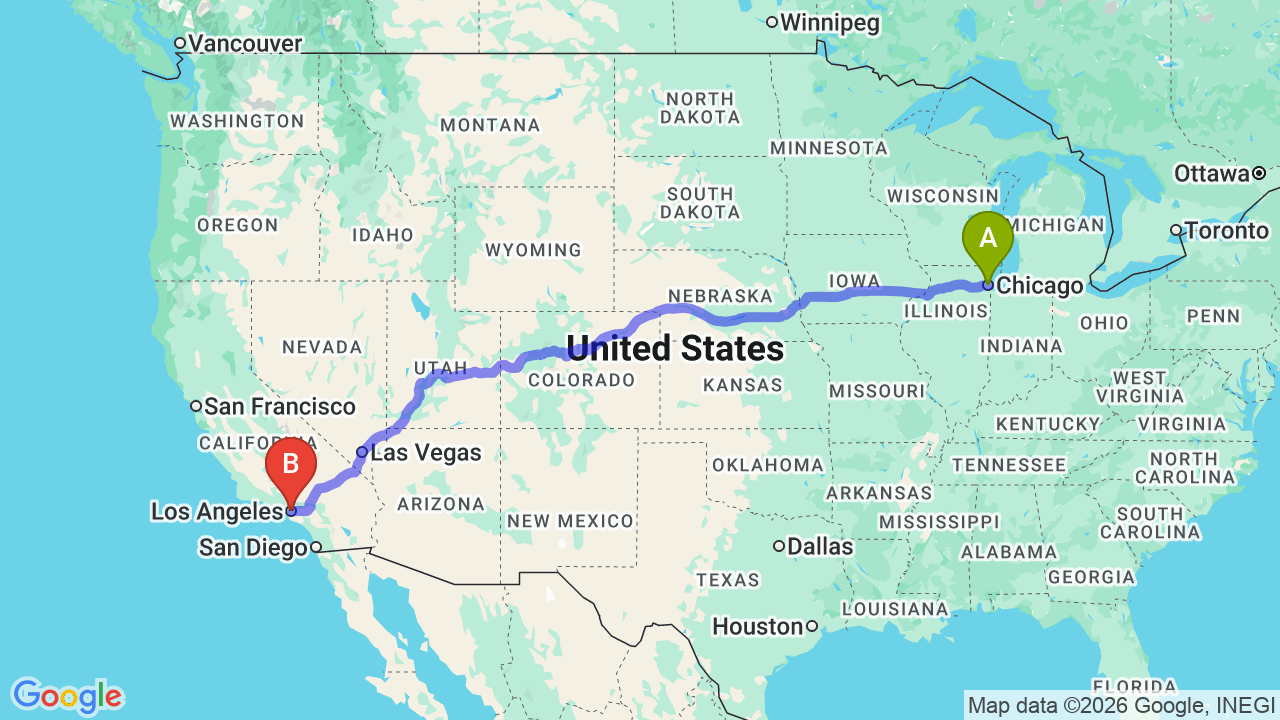 Route map: Chicago to Los Angeles Car Shipping: Your Complete Relocation Guide