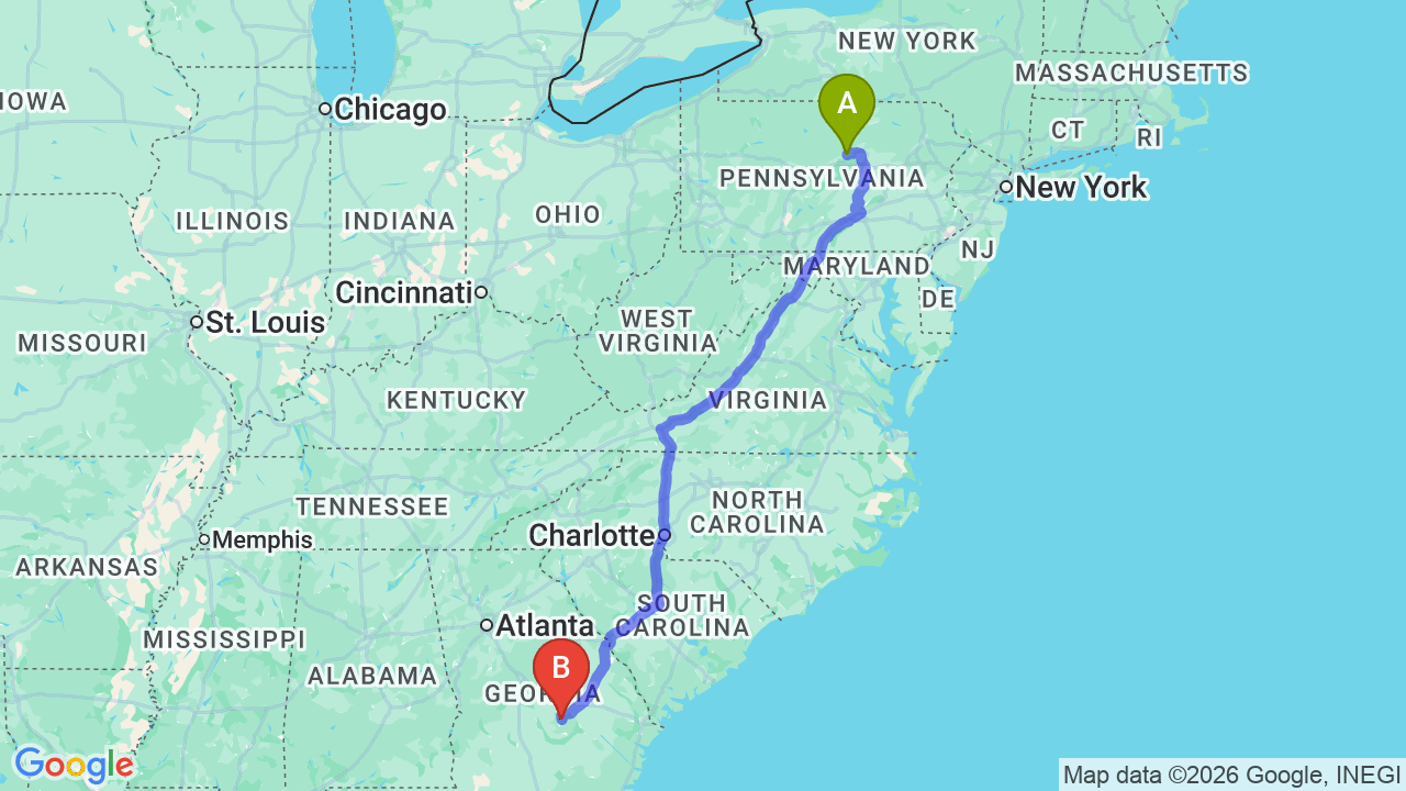 Route map: Pennsylvania to Georgia Car Shipping: Professional Auto Transport