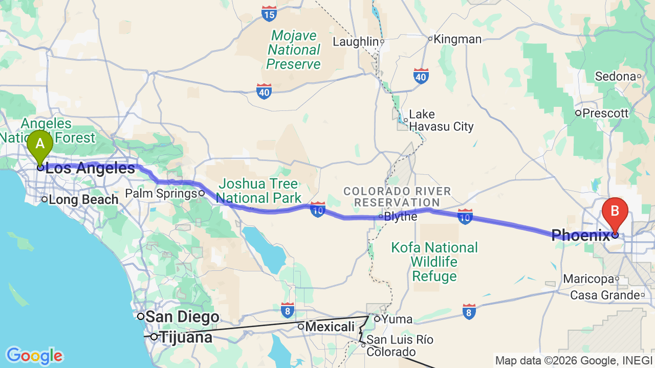 Route map: Los Angeles to Phoenix Car Shipping: The Ultimate Relocator’s Guide